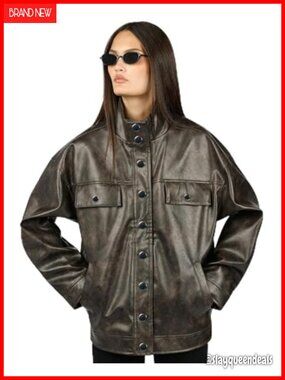 WEWOREWHAT Womens 90's Leather Jacket Long Sleeve Zip Up